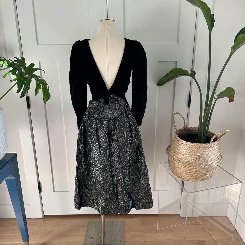 Misty Lane Vintage Open Back Black Velvet and Gray Paisley Dress